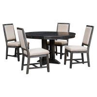 August Grove 5-Piece Dining Set Extendable Round Table And 4 Upholstered Chairs