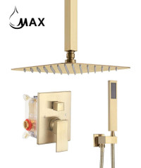 Ceiling Square Shower System Two Functions With Valve Brushed Gold