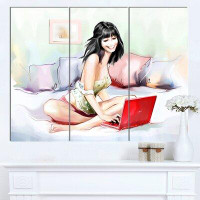 Design Art 'Pretty Woman with Laptop' 3 Piece Painting Print on Wrapped Canvas Set