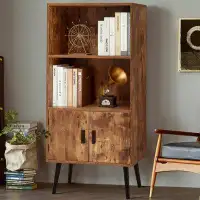 Millwood Pines Retro Bookshelf, 48.4" H Boho Bookcase With Doors, Mid-Century Modern Storage Cabinet, Brown