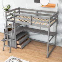 Harriet Bee Twin Size 2 Drawers Wooden Loft Bed With Built-In Desk And Shelves