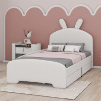 Zoomie Kids Twin Size Upholstered Platform Bed With Cartoon Ears Shaped Headboard And  Drawers