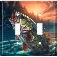 WorldAcc Metal Light Switch Plate Outlet Cover (Fishing Sea Bass River Sunset Man Cave - Double Toggle)