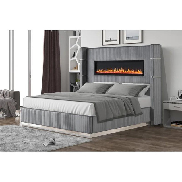 Spring Sale!!  Beautiful Grey Upholstered bed with Builtin Fireplace place &amp; Bluetooth speaker in Beds & Mattresses in Edmonton Area - Image 3