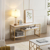Mercer41 White Sofa Table, Narrow Entryway Table With Storage Shelf, Faux Marble Top Console Table