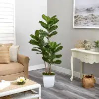 Primrue 5.5Ft. Fiddle Leaf Artificial Tree In White Metal Planter UV Resistant (Indoor/Outdoor)