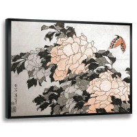 Vault W Artwork 'Japanese Peonies and Butterfly' by Katsushika Hokusai Framed Painting Print in Orange