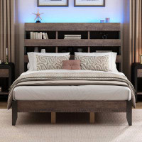 Wrought Studio Mid Century Modern Style Queen Bed Frame with Bookshelf and LED Lights