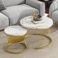 Mercer41 27.5'' & F17.7'' Nesting Coffee Table With Marble Grain Table Top, Golden Iron Frame Round Coffee Table, Set Of