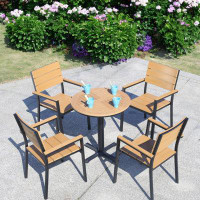 Hokku Designs Patio Leisure Plastic Wood Tables And Chairs 1 dining table, 4 chairs with arms Round