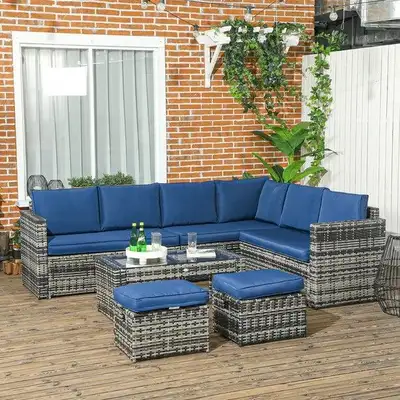 6pc L-Shape PE Rattan Wicker Conversation Outdoor Patio Sofa Set, Cushions Ottomans, Blue, Grey