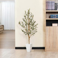 Primrue Adcock Artificial Olive Tree with White Taper Planter, Realistic Faux Olive Plants, Fake Olive Tree