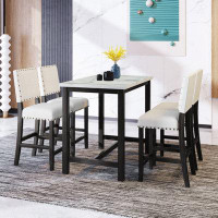 Red Barrel Studio 5 Piece Rustic Wooden Counter Height Dining Table Set With 4 Upholstered Chairs For Small Places