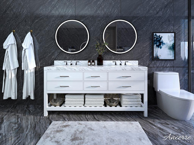 72 Inch Elizabeth Bathroom Vanity with Double Sink and Carrara White Marble Top Cabinet Set in 4 Finishes  ANC in Cabinets & Countertops - Image 2