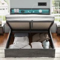 Wrought Studio Queen Size Lift Up Bed Frame with Linen Upholstered & LED Storage Headboard & Charging Station