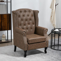 TUFTED LOUNGE CHAIR, UPHOLSTERED CHESTERFIELD-STYLE ARMCHAIR WITH SOLID WOOD LEGS AND NAIL HEAD TRIM, BROWN