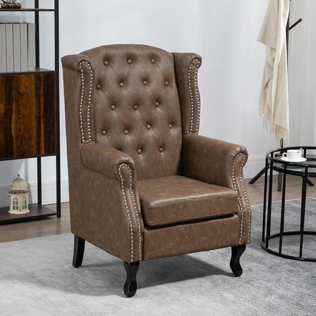 TUFTED LOUNGE CHAIR, UPHOLSTERED CHESTERFIELD-STYLE ARMCHAIR WITH SOLID WOOD LEGS AND NAIL HEAD TRIM, BROWN in Chairs & Recliners