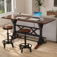 Williston Forge 3-Piece Dining Table Set, 59" Wooden Sofa Side Table With Stabilizing Base, Rustic Brown Industrial Adju