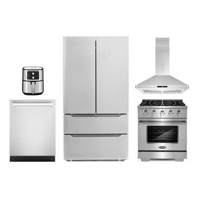 Cosmo 5 Piece Kitchen Package with 30" Freestanding Gas Range  30" Island Range Hood 24" Built-in Fully Integrated Dishw in Refrigerators