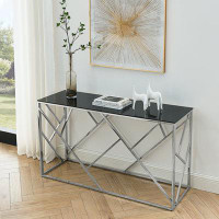 Everly Quinn Modern Glass Console Table, 55" Gold Sofa Table With Sturdy Metal Frame And Black Tempered Glass Top, For L