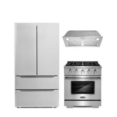 Cosmo Cosmo 3 Piece Kitchen Appliance Package with French Door Refrigerator , 30'' Gas Freestanding Range , Insert Range in Refrigerators