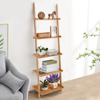 Latitude Run® 5-Tier Ladder Shelf Bamboo Bookshelf Wall-Leaning Storage Display Plant Stand-Natural