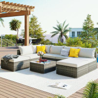 Latitude Run® 8-Pieces Outdoor Patio Furniture Sets with Wicker and Glass tabletop