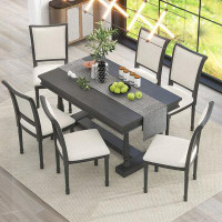 Alcott Hill 7-Piece Dining Table with 4 Trestle Base and 6 Upholstered Chairs