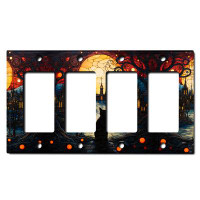 WorldAcc Metal Light Switch Plate Outlet Cover (Halloween Black Cat Spooky Church - Quadruple Rocker)