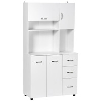 FREESTANDING KITCHEN MICROWAVE CABINET TALL CABINET WITH DOORS DRAWERS SHELVES, WHITE