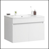 Ebern Designs 30 Inch Wall Mounted Bathroom Vanity with White Ceramic Basin,Two Soft  Close Cabinet Doors