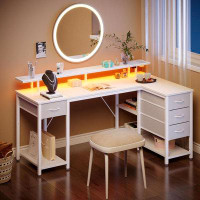 Ivy Bronx Ivy Bronx L Shaped Computer Desk With Drawers 47.2 Inch, Gaming Desk With Power Outlets & LED Lights, Reversib