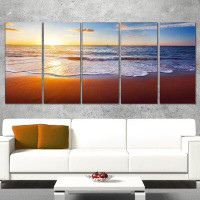Made in Canada - Design Art Stunning Blue Waves and Brown Sand 5 Piece Wall Art on Wrapped Canvas Set