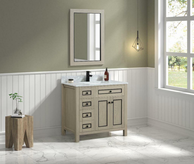 36, 48, 60 & 72 Light Oak with Black Accents Bathroom Vanity w Carrara White Marble ( Dovetail Drawer ) LFC dans Armoires et revêtements de comptoir - Image 2