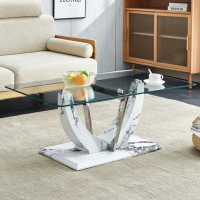 Wenty Modern Minimalist Transparent Tempered Glass Coffee Table With Marble Patterned MDF Legs And Stainless Steel Decor