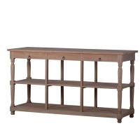 Longshore Tides 65 Inch Side Console Table, 3 Drawers, Turned Legs, Natural Durian Wood