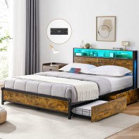 17 Stories Evangela Queen Size Storage Platform Bed, Led Bed Frame with 4 Storage Drawers & Bookcase Headboard