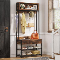 Rubbermaid 4-In-1 Entryway Hall Tree With Drawer, Industrial Coat Rack With Shoe Bench, Shoe Storage Rack, Hutch And 9 H