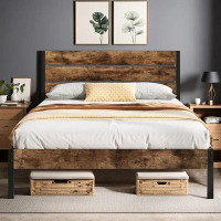 Latitude Run® Latitude Run® Queen Bed Frame With Rustic Vintage Wood Headboard And Footboard,Metal Support,Rustic Brown
