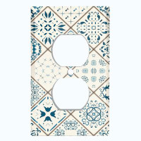 WorldAcc Metal Light Switch Plate Outlet Cover (Vintage Blue Tile White Elegant Diagonal Pattern - Single Toggle)