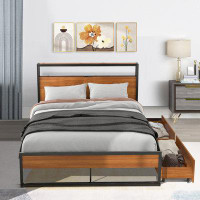17 Stories Vintage Chic Platform Bed Frame with Charging Station and Two Drawers