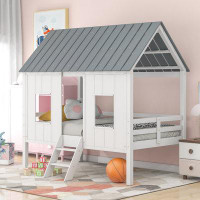 Red Barrel Studio Twin Size Low Loft House Bed With Roof And Two Front Windows