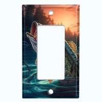 WorldAcc Metal Light Switch Plate Outlet Cover (Fishing Sea Bass River Sunset Man Cave - Single Rocker)