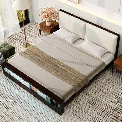 Brayden Studio Platform Bed Frame with Upholstery Headboard and Bookshelf in Footboard and LED Light Strips