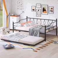 Walker Edison Metal Daybed With Twin Size Adjustable Trundle, Portable Folding Trundle
