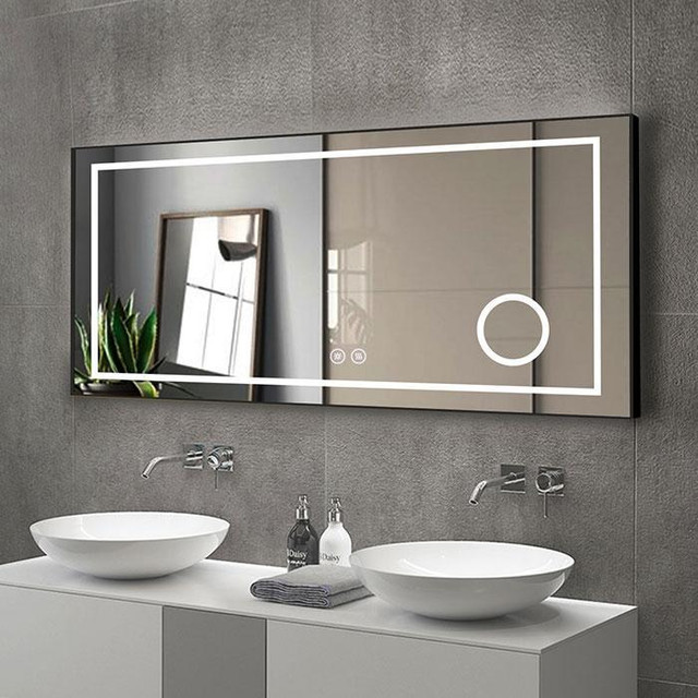 LED Bathroom Mirror (60, 48 or 36x28) w Touch Button, Anti Fog, Dimmable & Magnifier w Horizontal Mount in Floors & Walls - Image 2