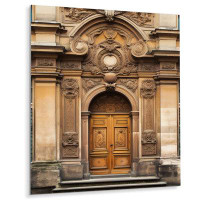 Red Barrel Studio Old Wooden Door With Carvings In Paris, France V - Farm Door And Windows Metal Art Print