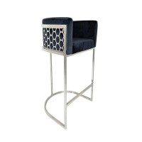 Everly Quinn Grey Velvet Seat With Stainless Steel Geometric Patterned Frame Pub Chair