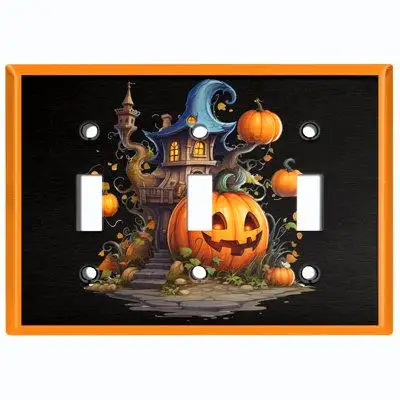 WorldAcc Metal Light Switch Plate Outlet Cover (Halloween Spooky Tree House Pumpkin - Triple Toggle)