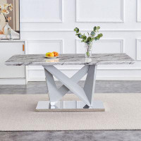 Ivy Bronx Modern Faux Marble Wooden Dining Table With Wooden Double V-Braces